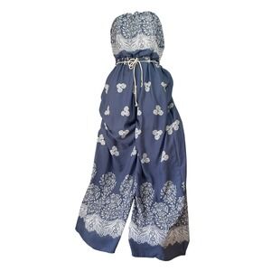 Blue White Print Strapless Wide Leg Jumpsuit Pants M hippy chic boho gypsy free